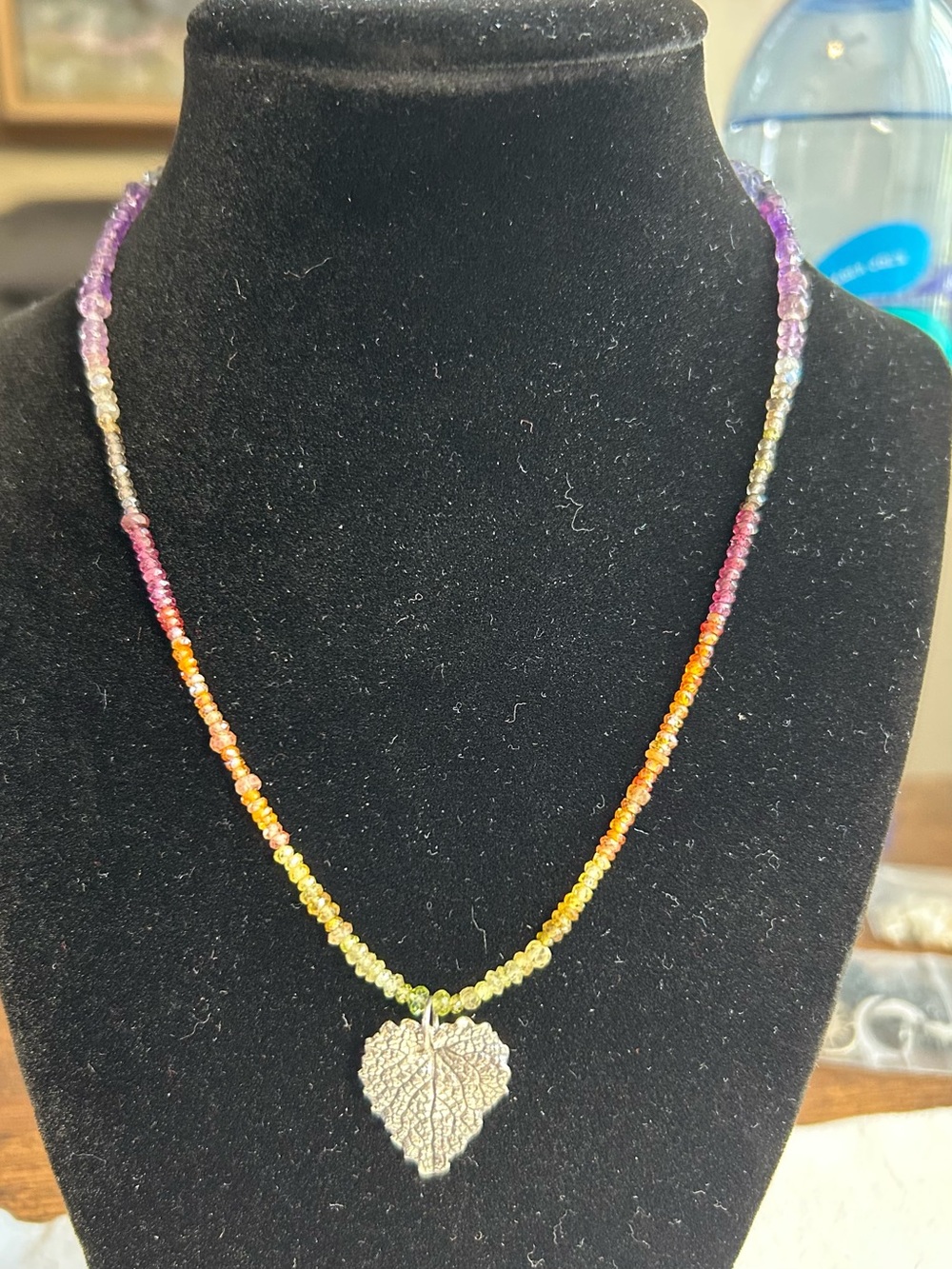 Handmade Multicolor gemstone Necklace with Silver Leaf Pendant